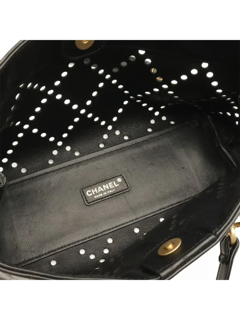 Chanel CC Logo Perforated Chain Tote Shoulder Bag Enamel Patent Leather Black
